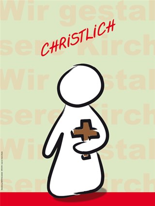 gezeichnete Figur mit Kreuz unter dem Arm