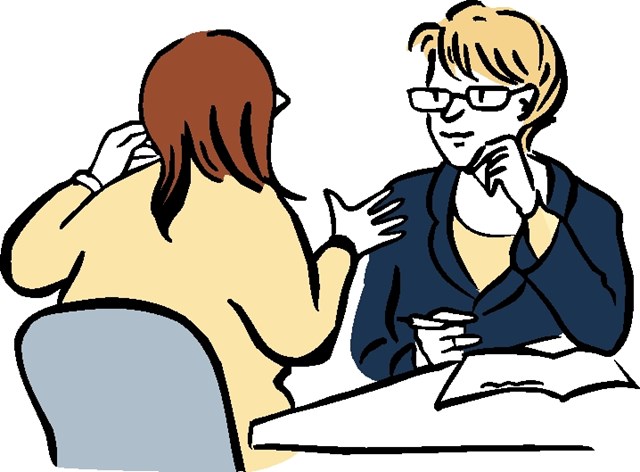 Gezeichnete Beratungsszene (Reinhild Kassing, © Mensch zuerst – Netzwerk People First)